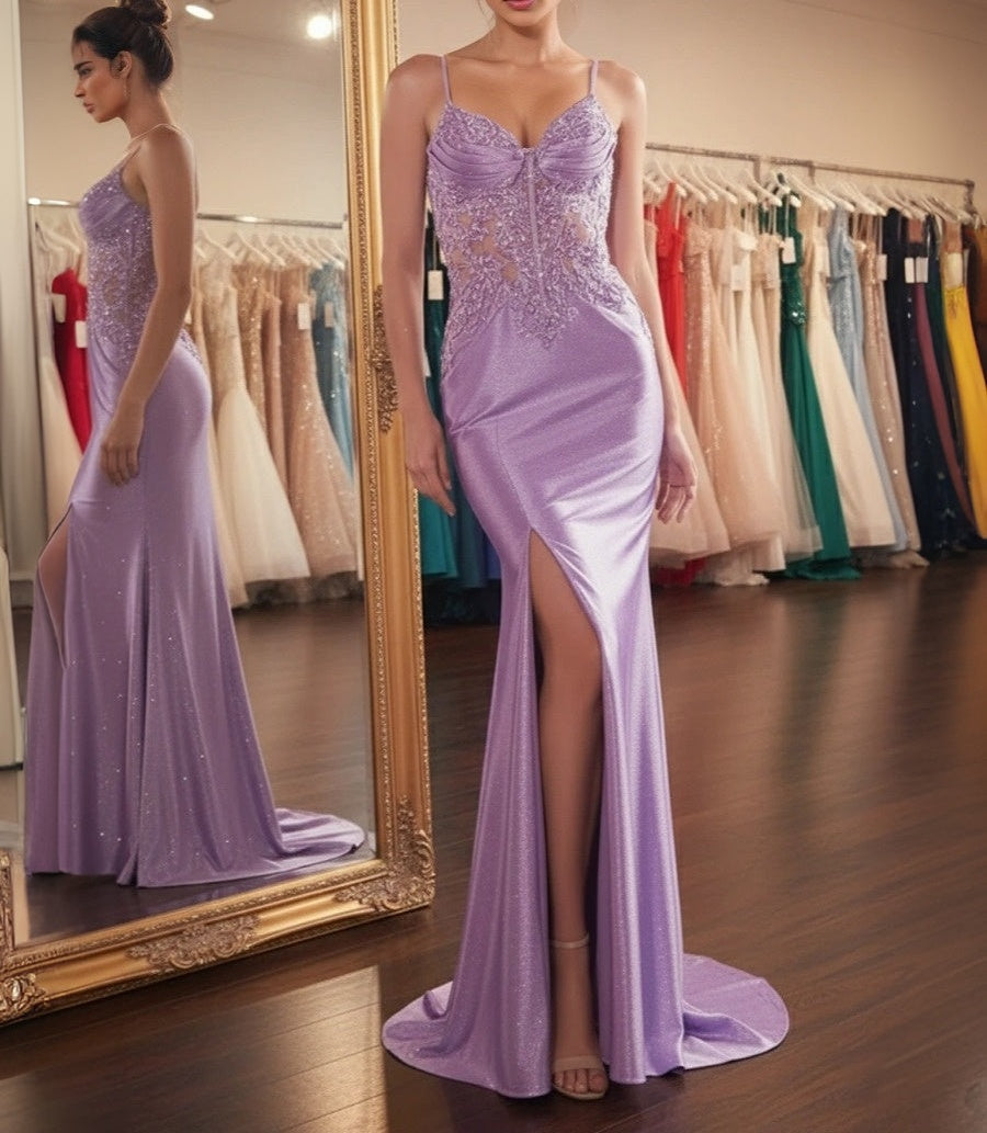 Glitter Sheer Beaded Corset Bodice Prom Dress with High Slit