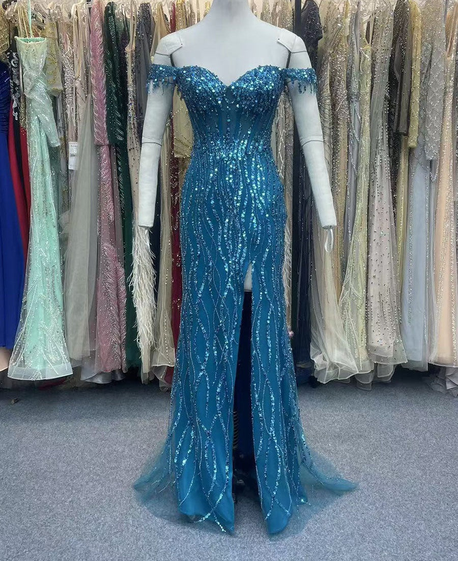 Ocean Blue Off The Shoulder Sequin Long Prom Dress