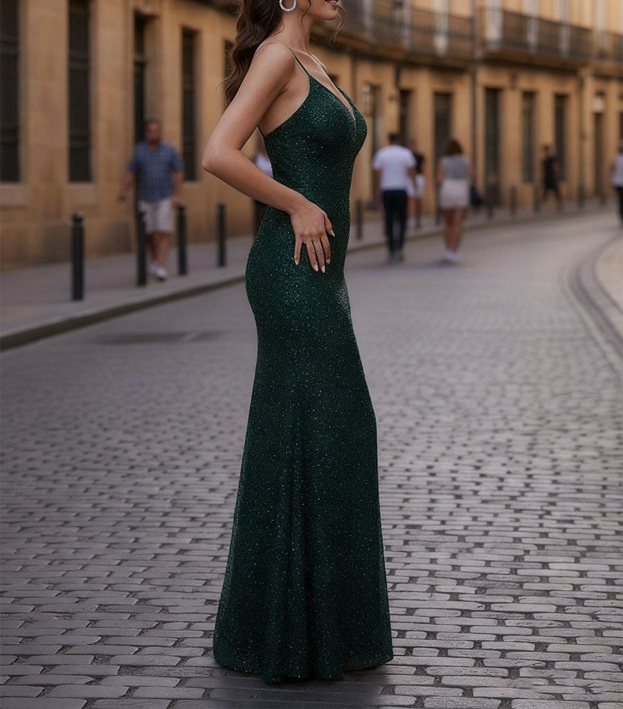 Sheath/Column V Neck Sequined Long Prom Dress with Beading
