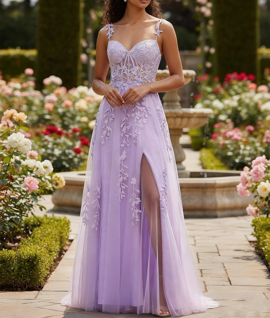 A Line V Neck Tulle Long Prom Dress with Appliqued Beading