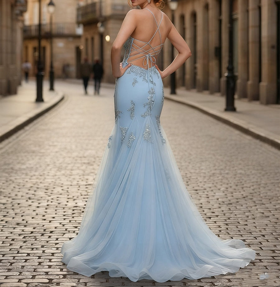 Spaghetti Straps Appliques Lace Tulle Corset Long Prom Dress