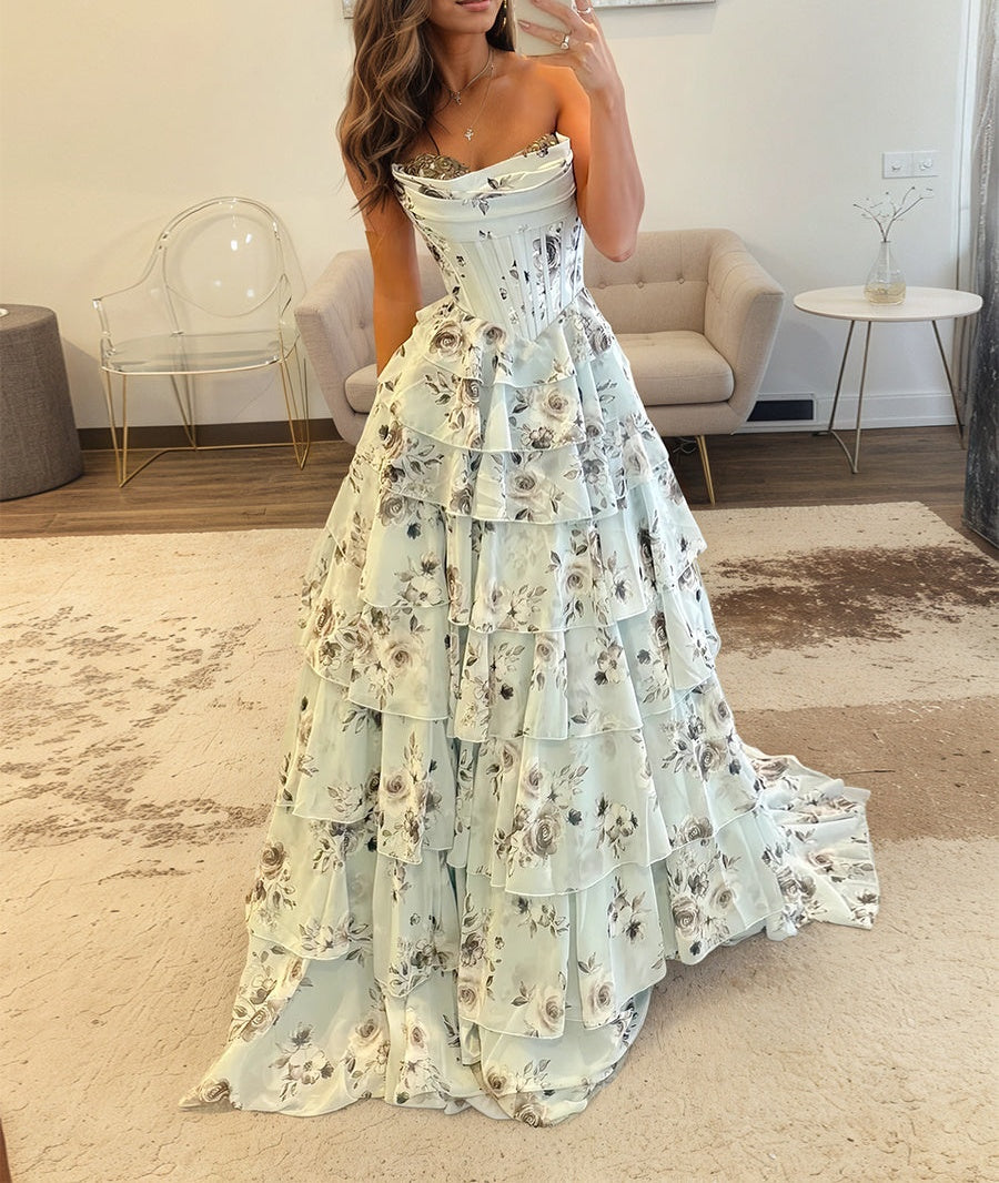 A-Line Floral Sweetheart Rhinestone Long Prom Dress