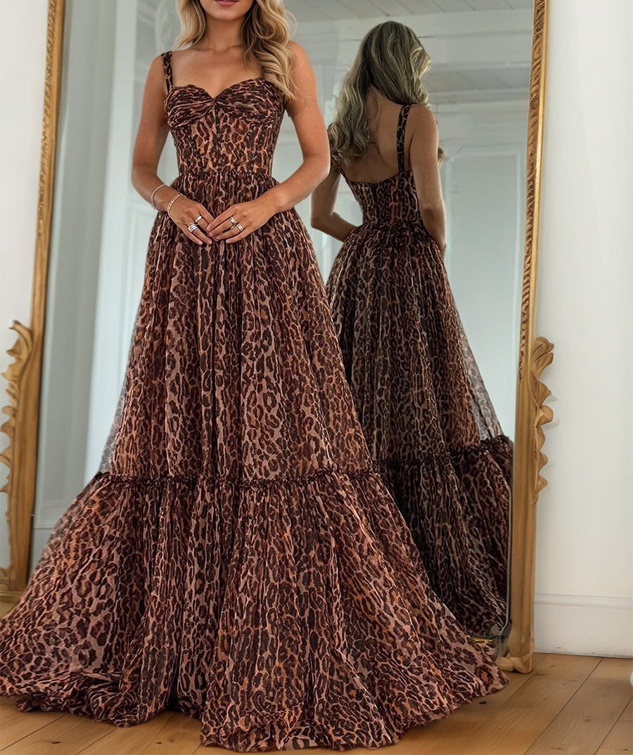 Brown Leopard Print Strappy Flowing Tiered Prom Dress