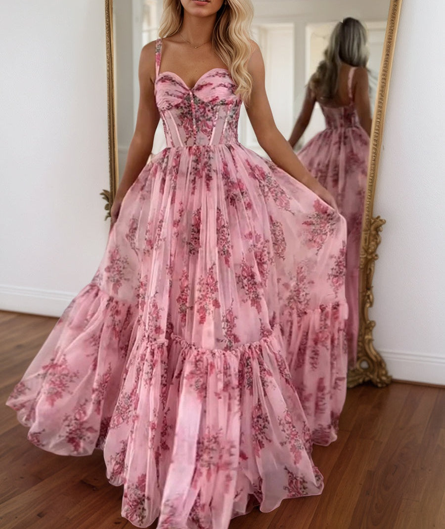 Pink Sweetheart A Line Floral Printed Chiffon Long Prom Dress With Bow