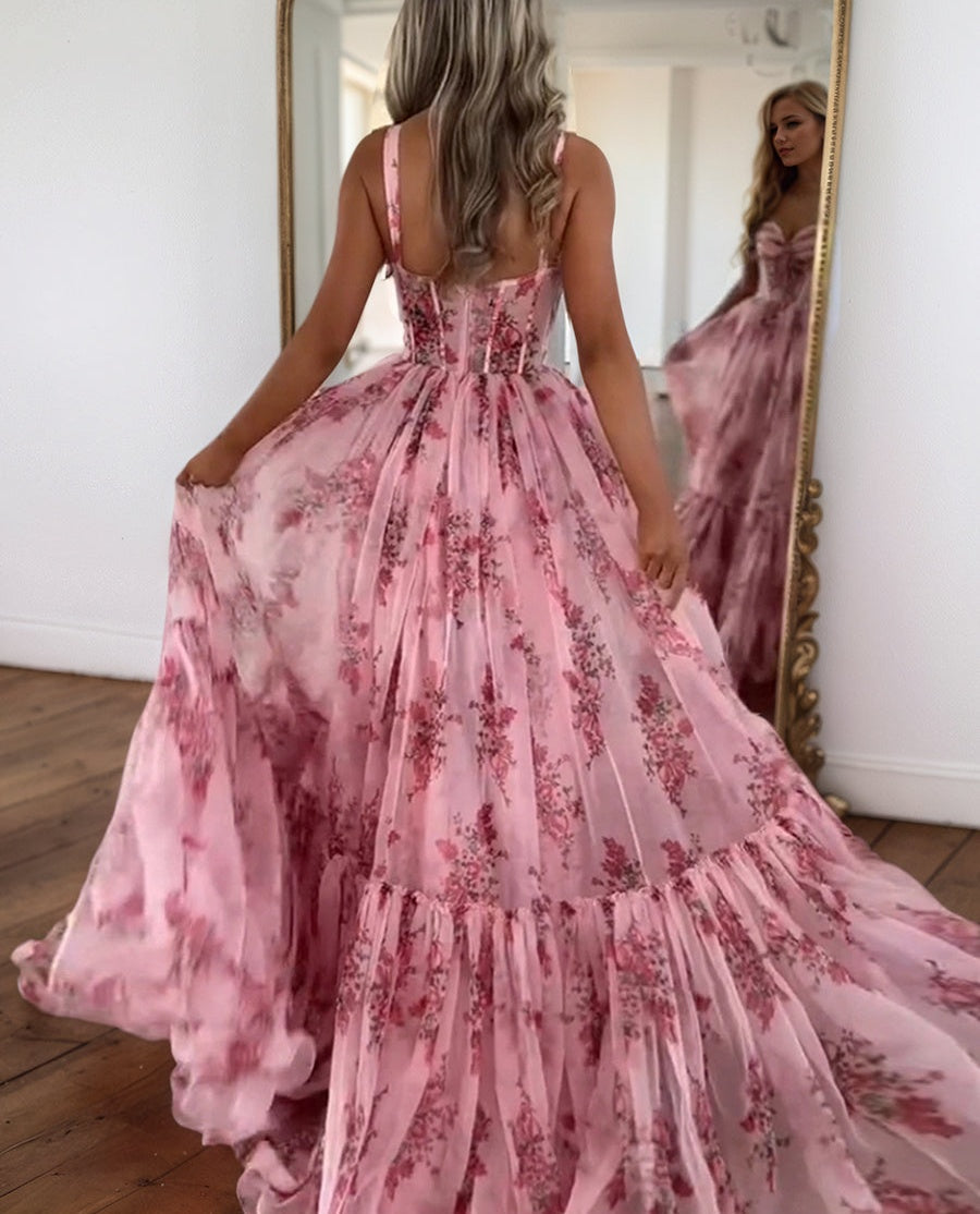 Pink Sweetheart A Line Floral Printed Chiffon Long Prom Dress With Bow