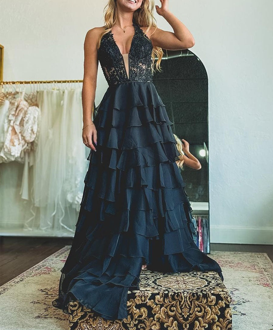 Halter Lace Appliques Chiffon Ruffle Prom Dress with Slit