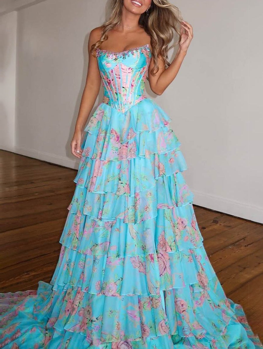 A-Line Strapless Print Ruffles Tiered Long Prom Dress