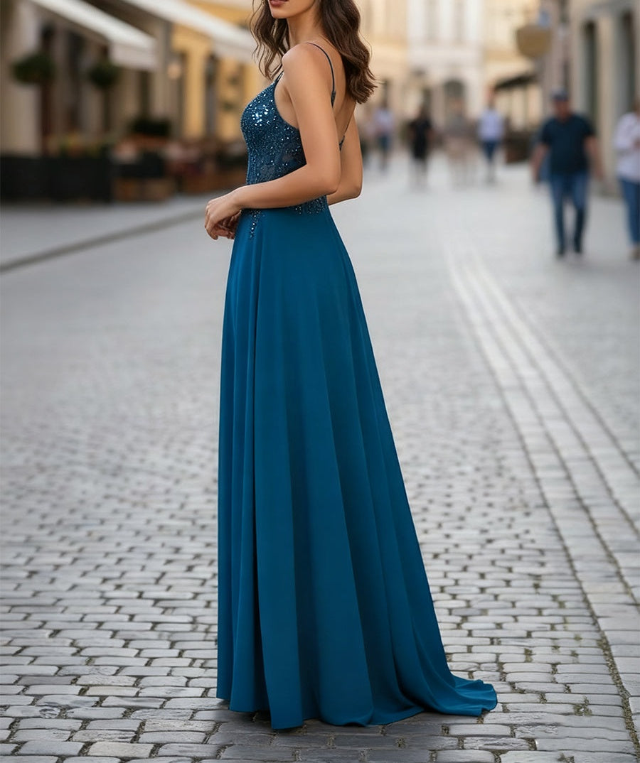 A Line V-Neck Appliques Lace Chiffon Corset Prom Dress with Slit