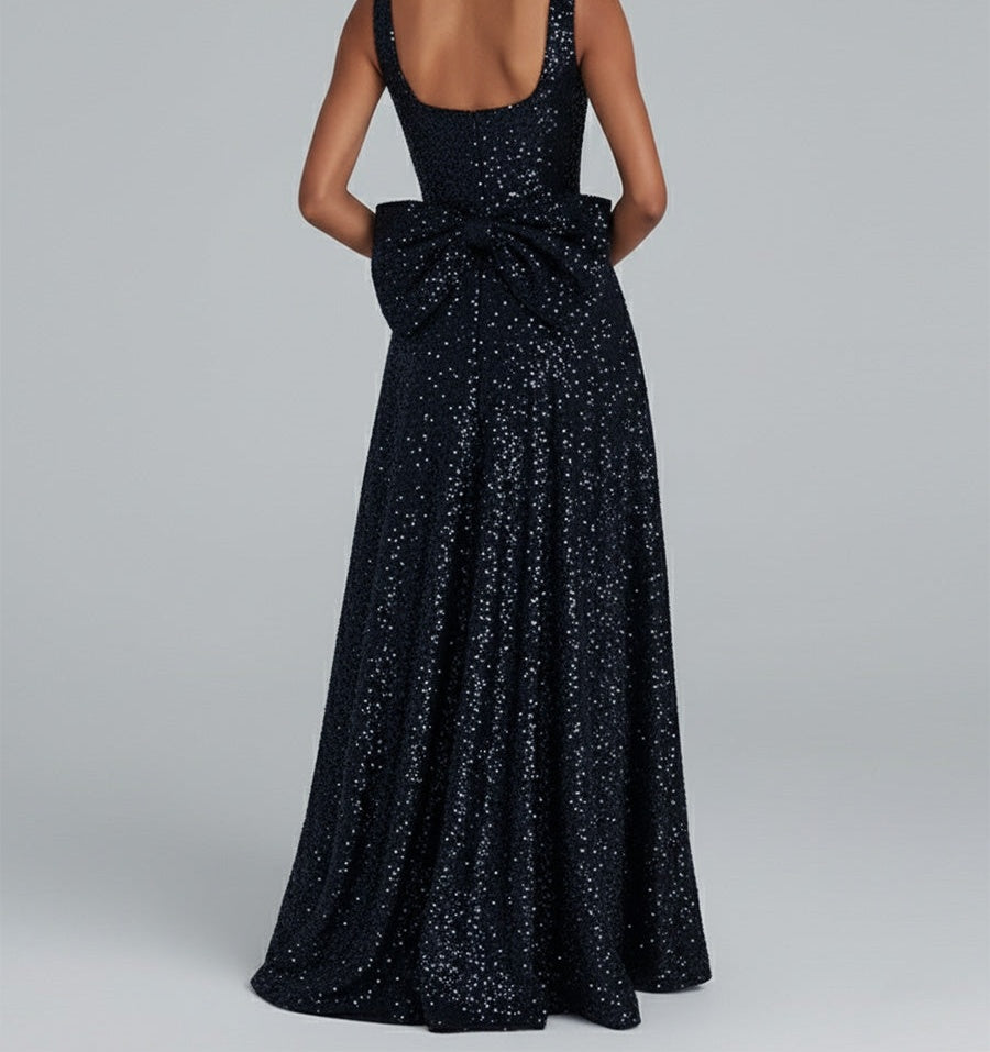 Sparkly A Line Square Neck Long Prom Dress with Bow