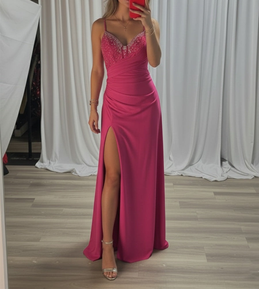 Beaded V Neck Corset Bodice Long Prom Dress with Slit