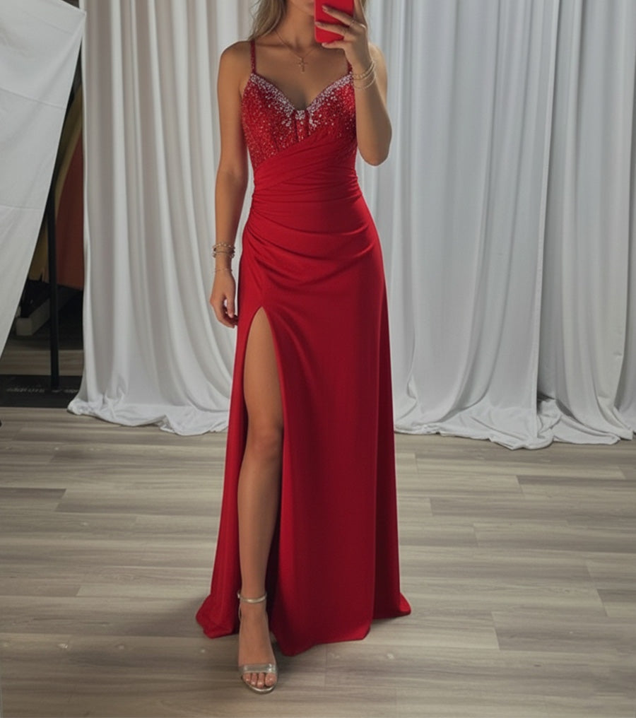 Beaded V Neck Corset Bodice Long Prom Dress with Slit