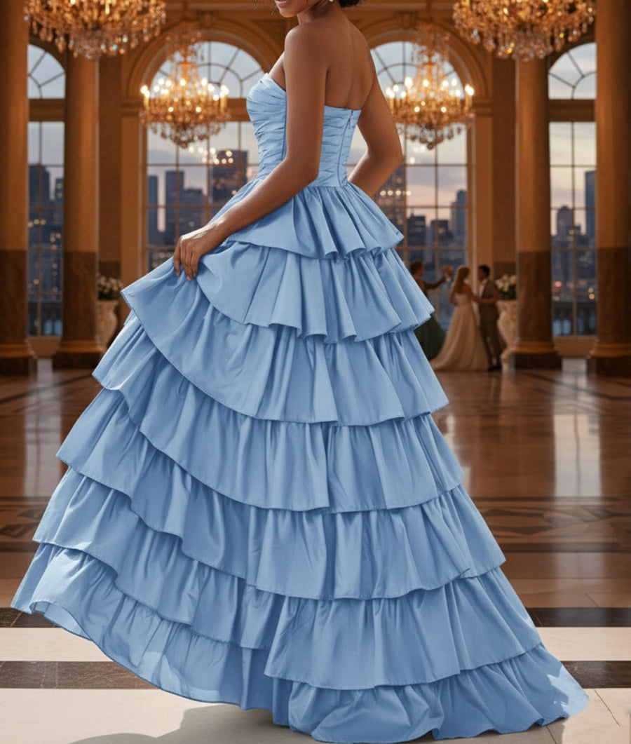 Strapless A Line Satin Tiered Long Prom Dress with Slit
