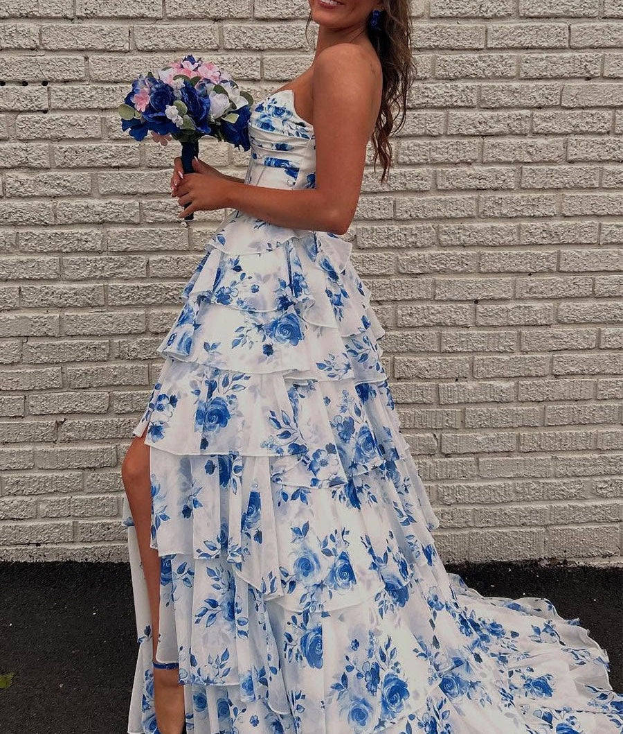 A-Line Strapless V-Neck Tiered Printing Long Prom Dress