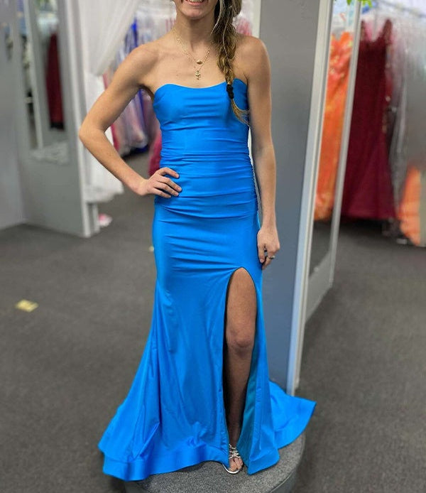 Teal Mermaid Strapless Fitted Long Prom Party Dress with Slit