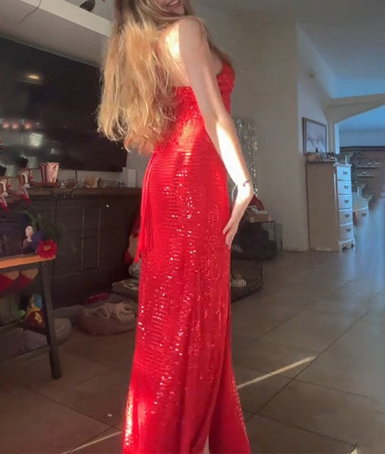 Sparkly Red Mermaid Spaghetti Straps Long Prom Dresses with Slit
