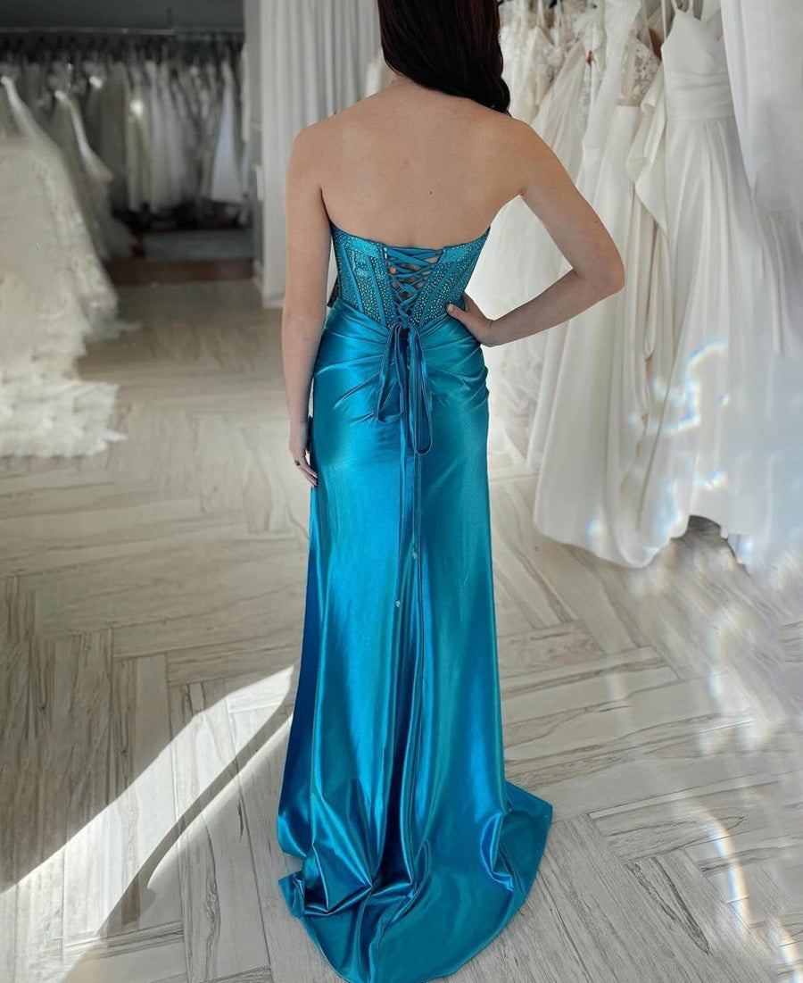 Blue Mermaid Spaghetti Straps Beaded Sweetheart Long Prom Dress with Slit