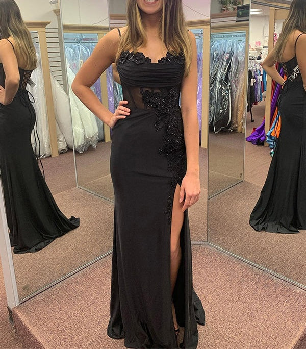 Black Mermaid Spaghetti Straps Applique Long Prom Dress with Slit
