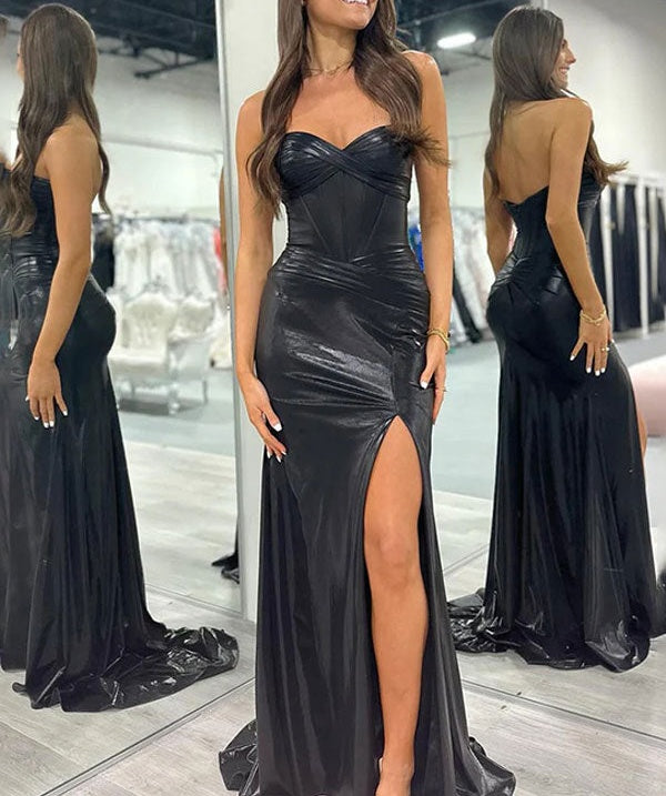 Black Mermaid Strapless Sweetheart Corset Long Prom Dress with Slit