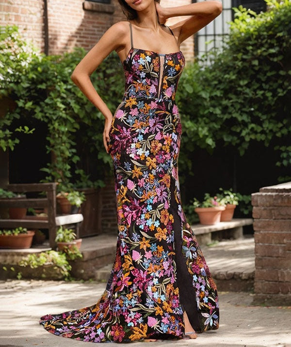 Black Floral Mermaid V-Neck Corset Long Prom Dress With Sequins Slit