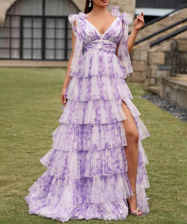 Purple Floral A Line V Neck Long Pleated Prom Dress With Slit
