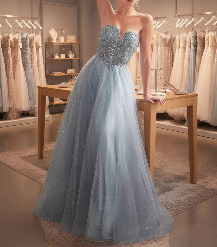 Blue A Line Sweetheart Long Prom Dress With Sequins