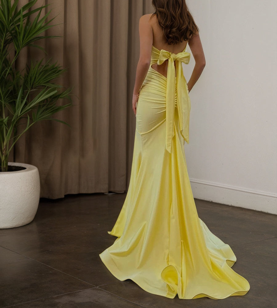 Yellow Strapless Sweetheart Neckline Ruched Prom Dress with Thigh Slit