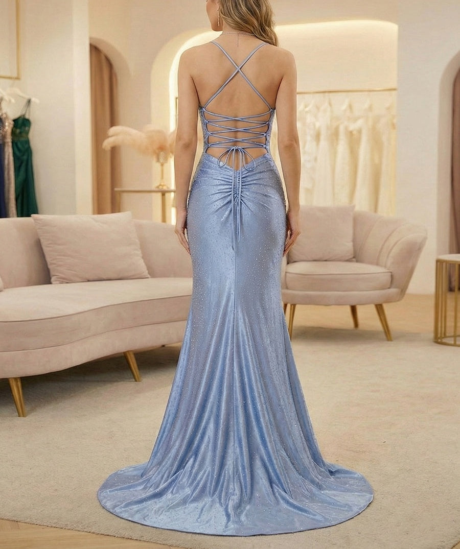 Blue Mermaid Spaghetti Straps V-Neck Rhinestone Prom Dress