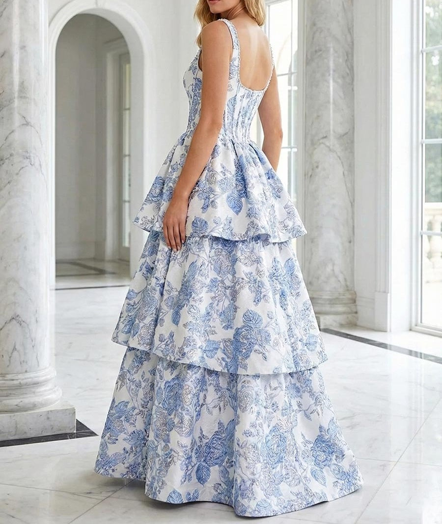 Blue Floral Brocade Corset Tiered A-Line Prom Dress