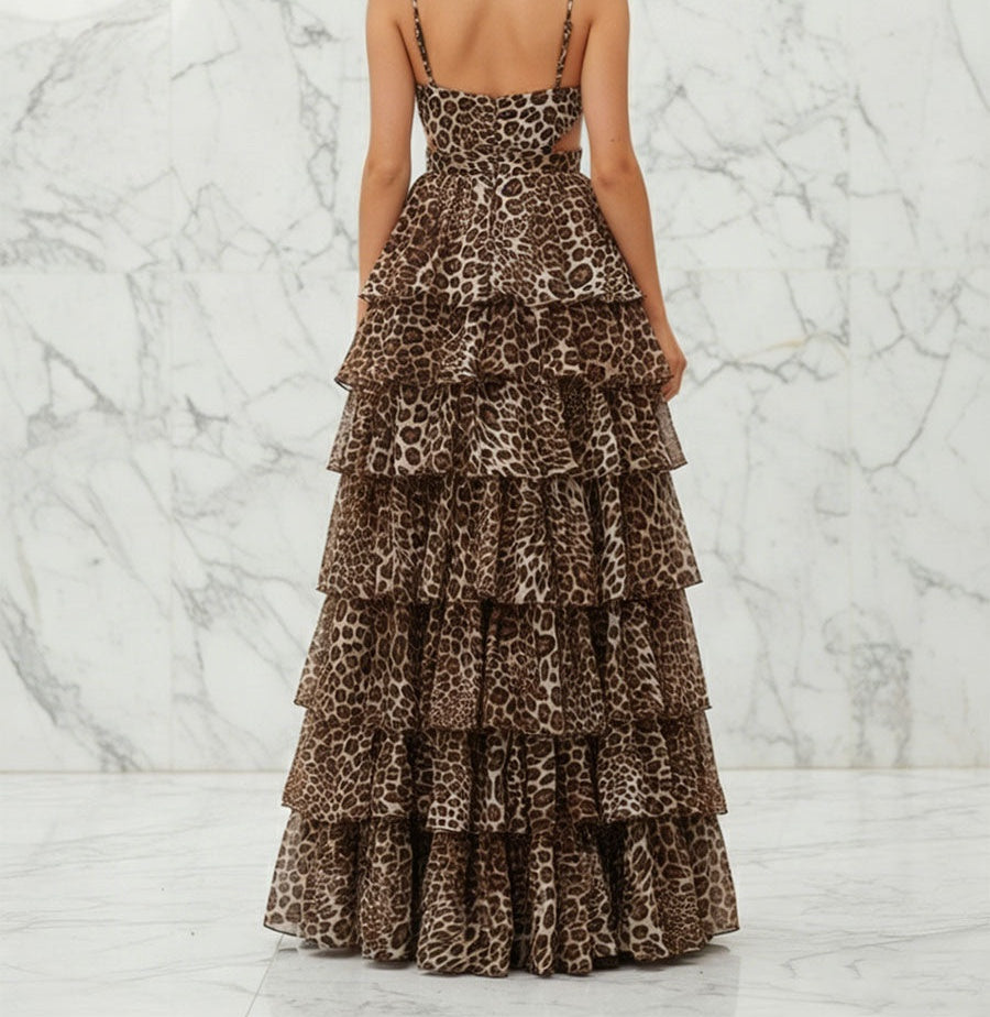 Leopard Print Tiered Ruffle A-Line Prom Dress with Cutouts