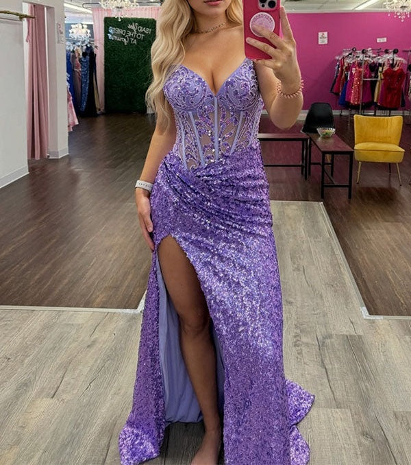 Glamorous Lilac Strapless Sequin Corset Prom Dress with High Slit