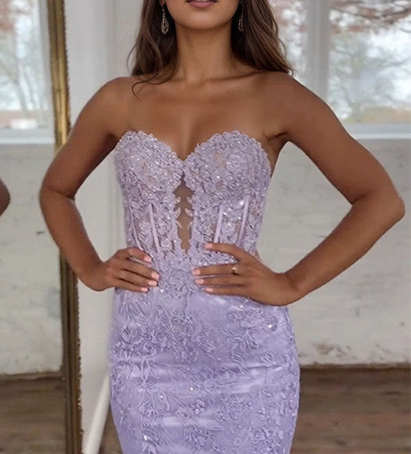 Lavender Strapless Lace Corset Bodice Mermaid Long Prom Dress