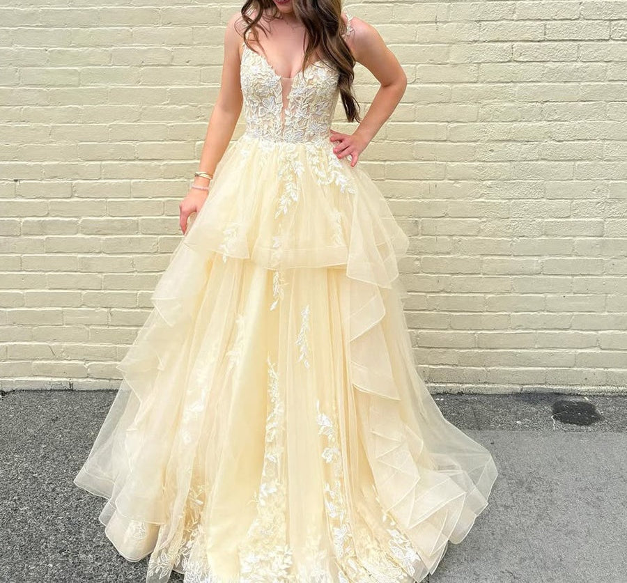 Yellow Tiered Tulle A-Line Long Prom Dress with Floral Lace