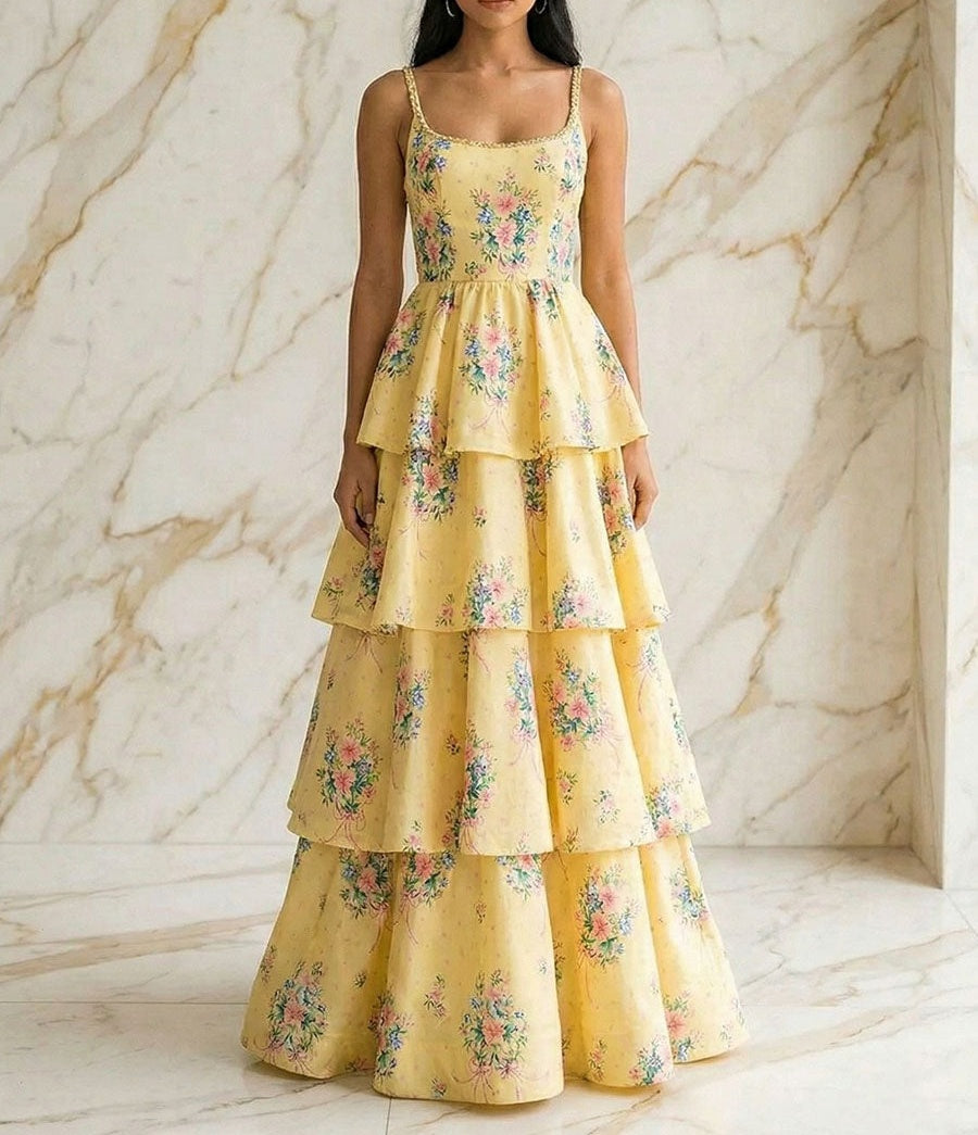 Yellow Floral Tiered A-Line Prom Dress with Braided Straps