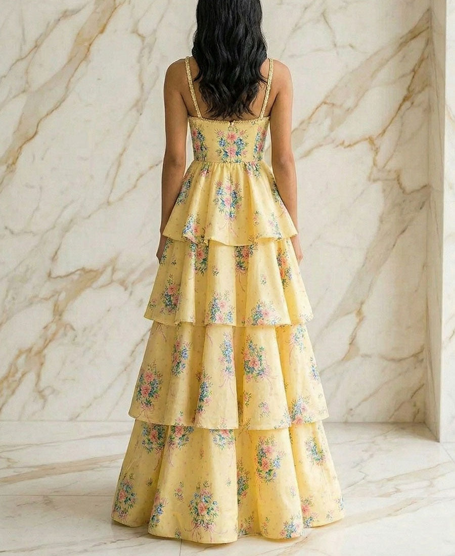 Yellow Floral Tiered A-Line Prom Dress with Braided Straps