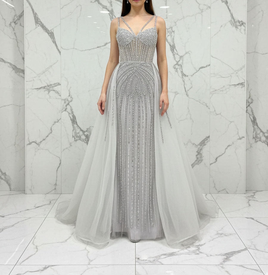 Celestial Silver Beaded Illusion Prom Dress with Overskirt