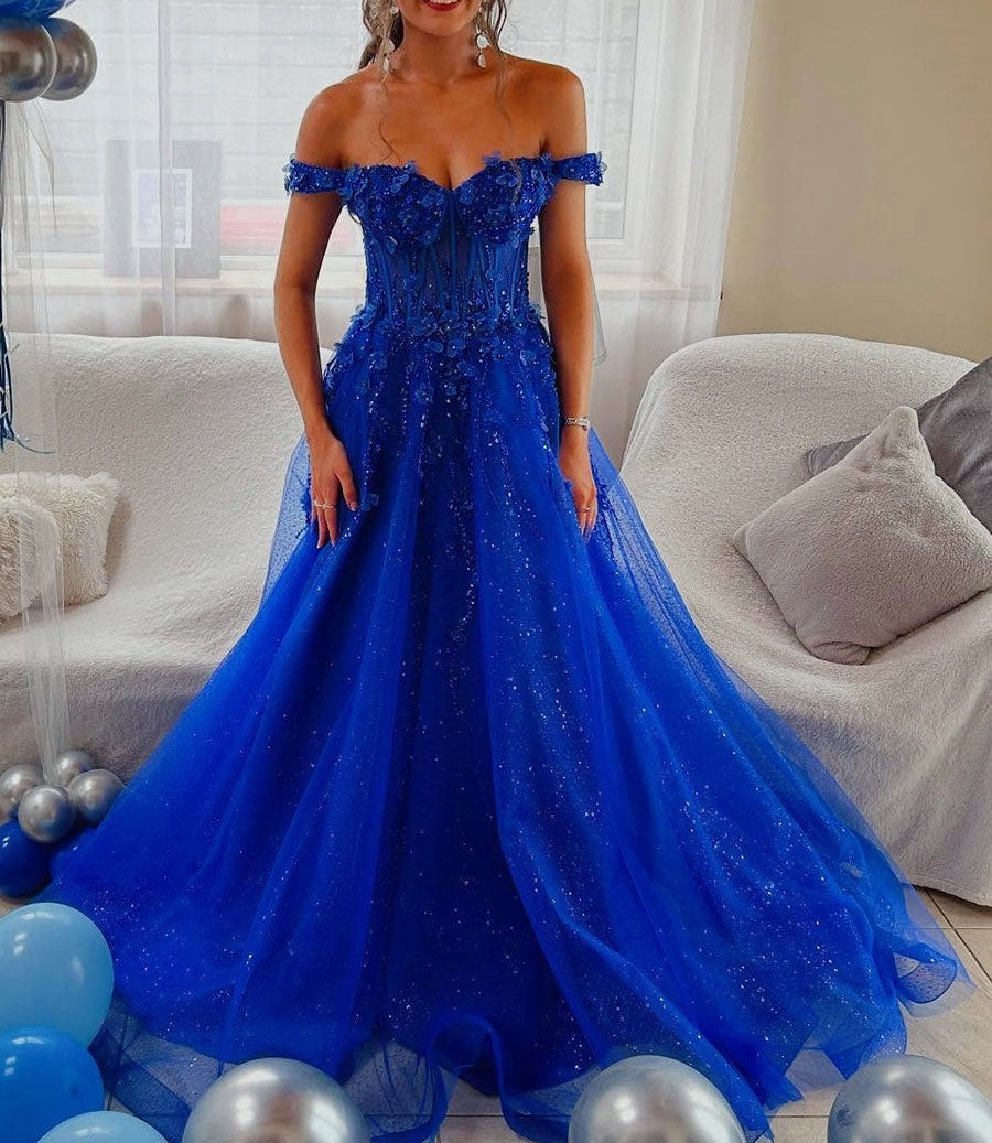 Royal Blue Glitter Off The Shoulder Corset Prom Dress