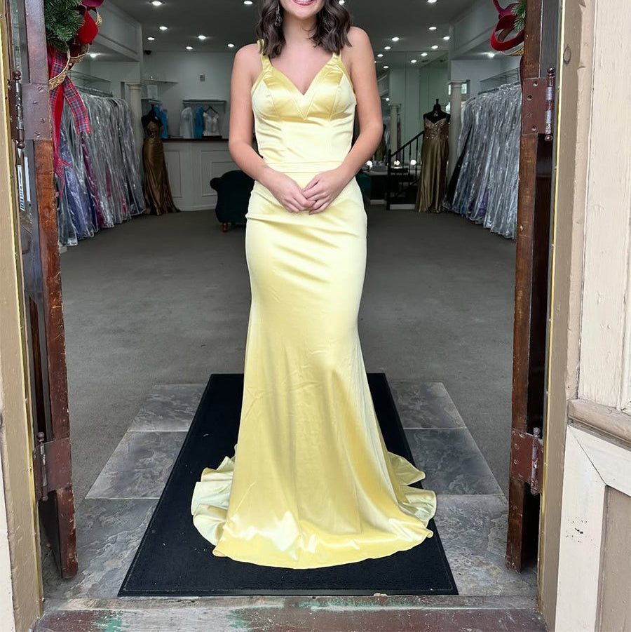 Yellow Satin V-Neck Mermaid Long Prom Dress