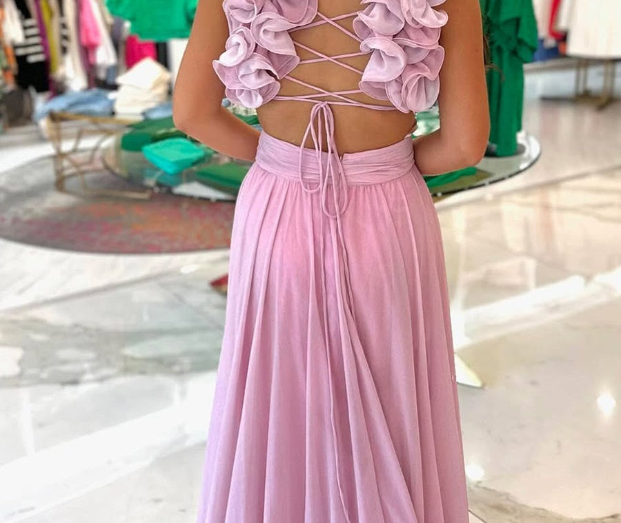 Romantic Pink Chiffon Tiered A-Line Prom Dress with Ruffle
