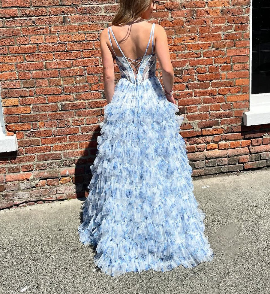Whimsical Blue Floral Tiered Ruffled Corset Prom Dress
