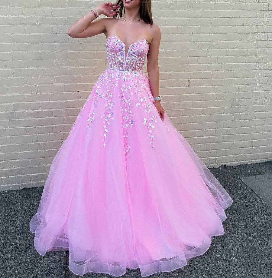 Pink Strapless Sequin Corset Long Prom Dress with Appliques