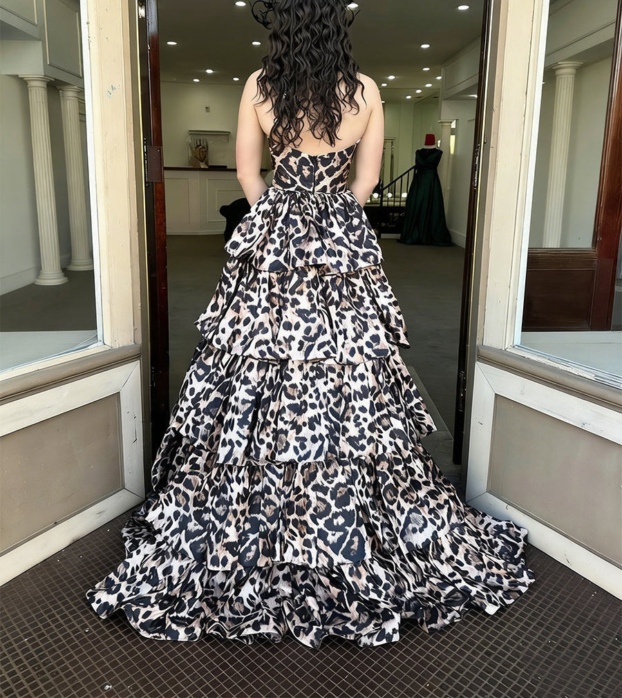 Chic Leopard Print Strapless Tiered A-Line Prom Dress