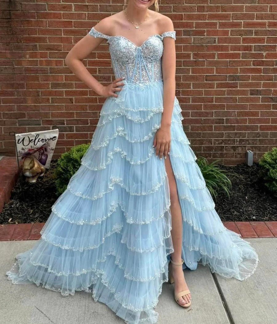 Glamorous Champagne Beaded Tiered Ruffle Corset Prom Dress with Slit