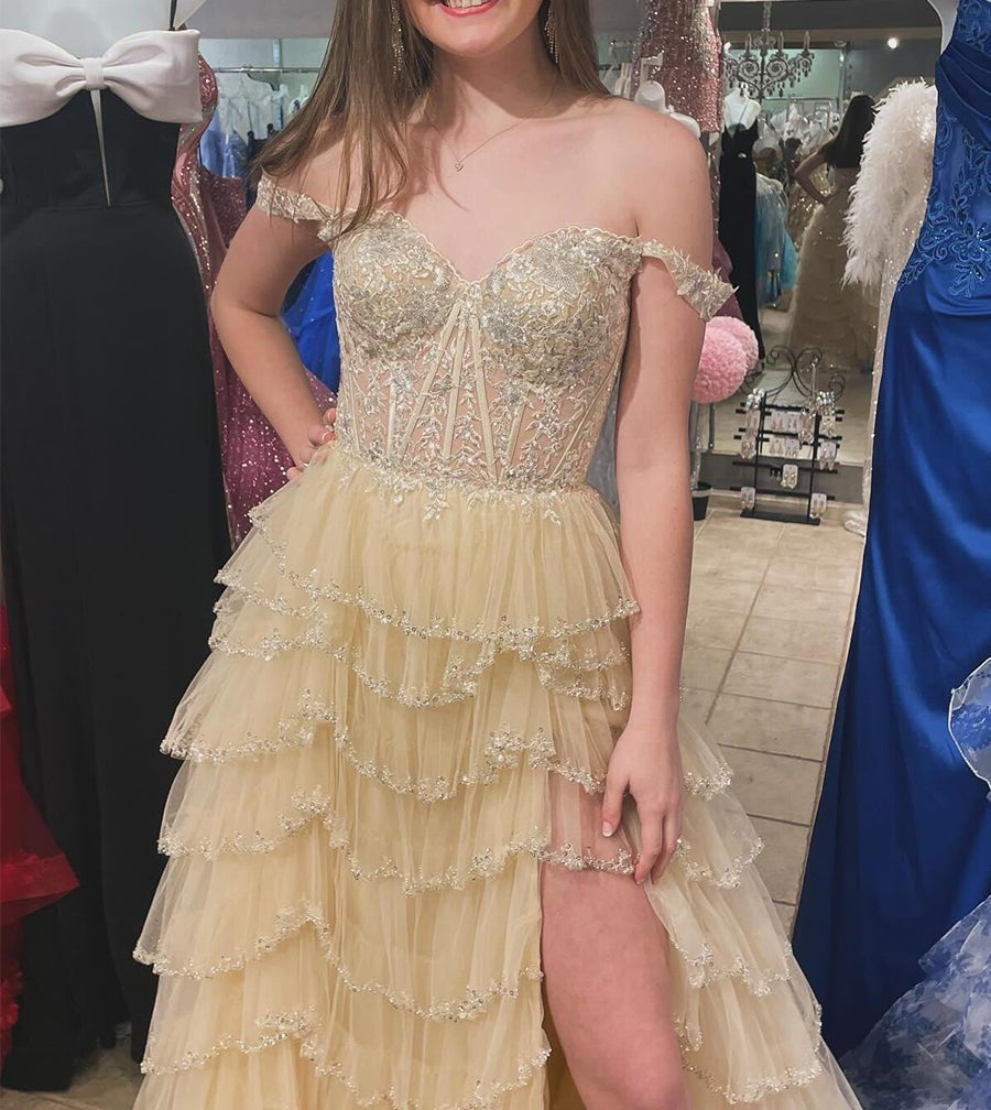 Glamorous Champagne Beaded Tiered Ruffle Corset Prom Dress with Slit