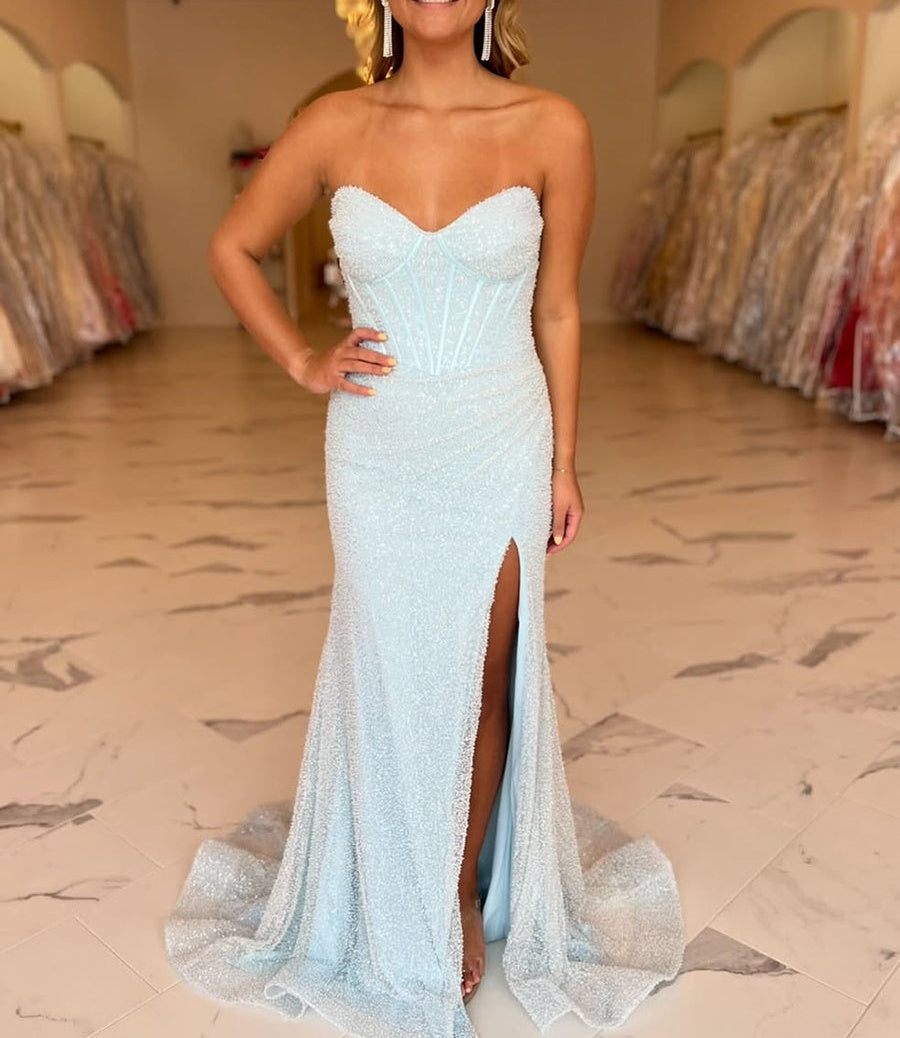 Light Blue Beaded Strapless Corset Prom Dress with Slit