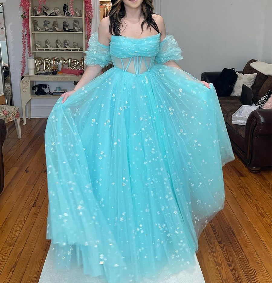 Pink Star Tulle Strapless Puff Sleeves Corset Prom Dress