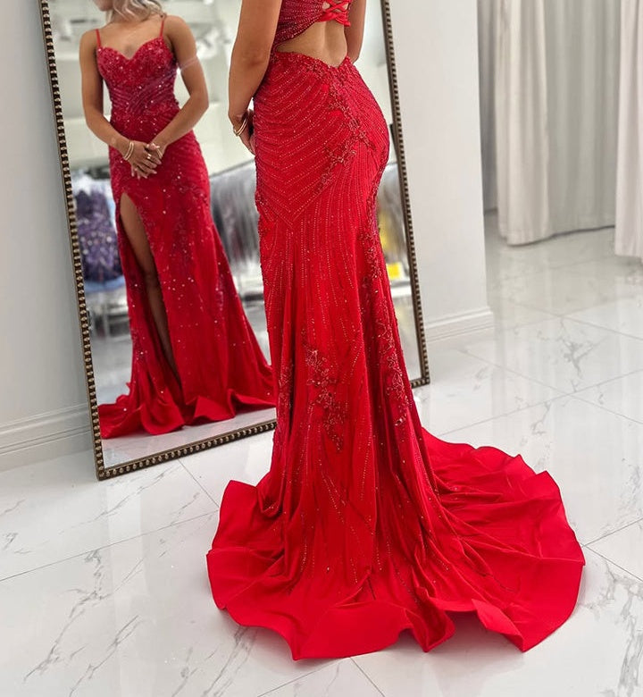 Light Blue Spaghetti Straps Beaded Corset Prom Dress with Slit