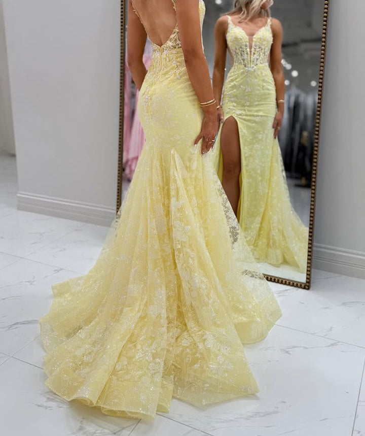 Yellow Floral Beaded Plunging Sweetheart Corset Prom Dress with Slit