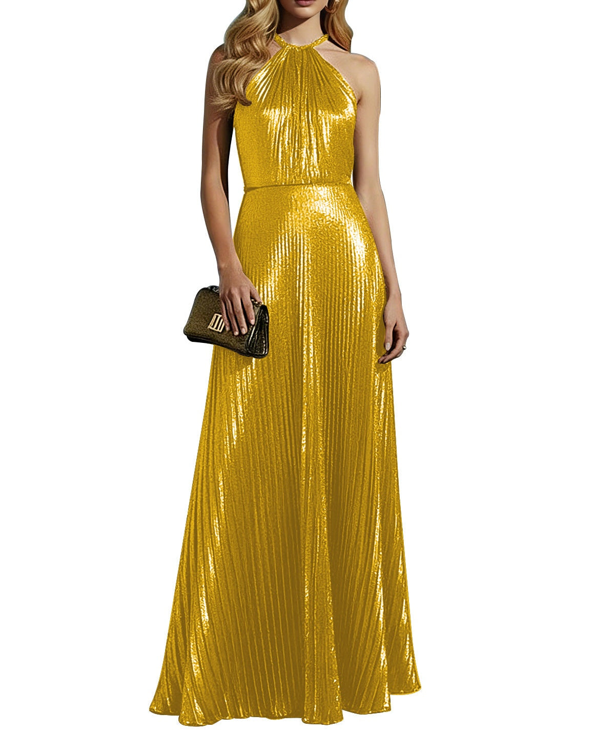 Luxurious Champagne-Gold Pleated Halter Long Prom Dress