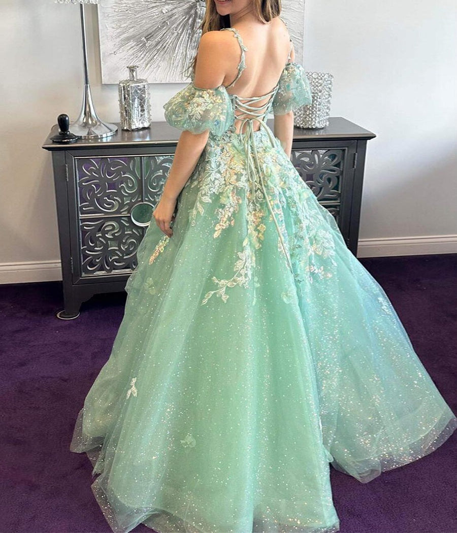 green emerald velvet dress Sage Green Floral Glitter Tulle Prom Dress with Puff Sleeves
