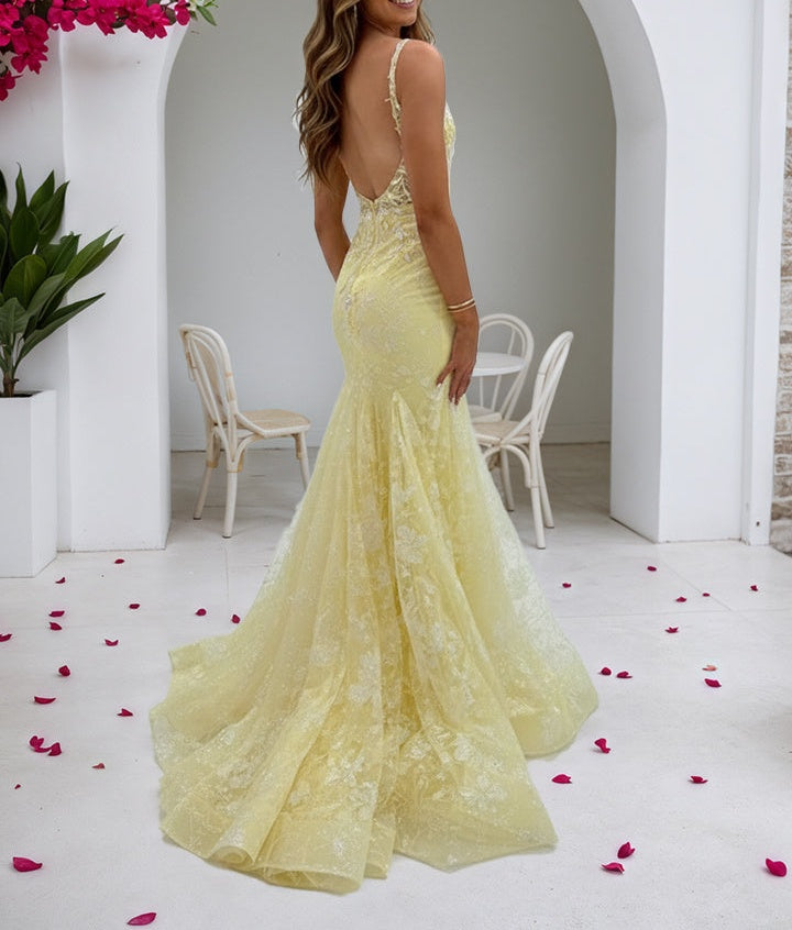 Yellow Floral Beaded Sweetheart Corset Prom Dress with Slit